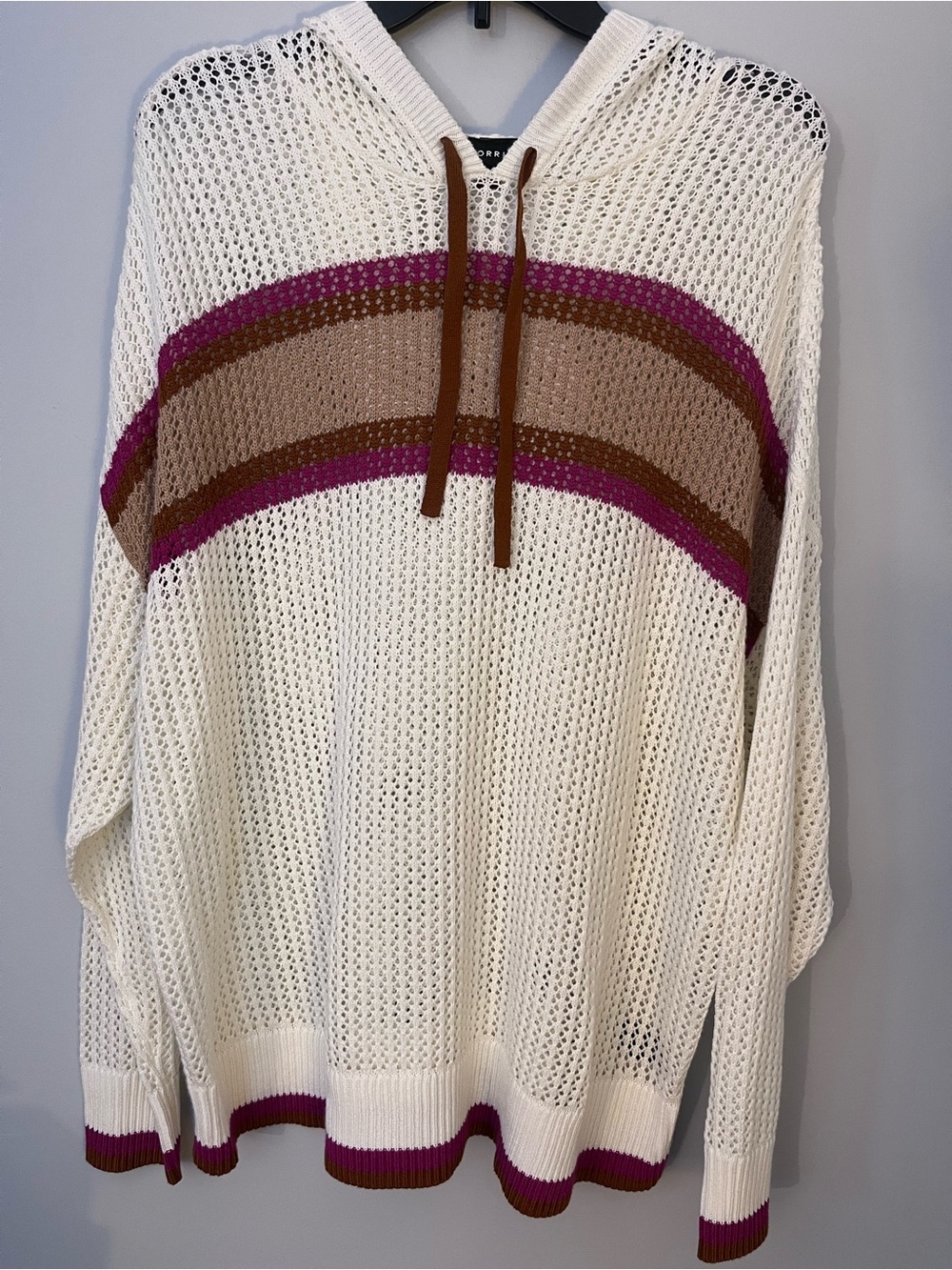 torrid Cream Open-Knit Hoodie with Magenta and Brown Stripes Sz 2x